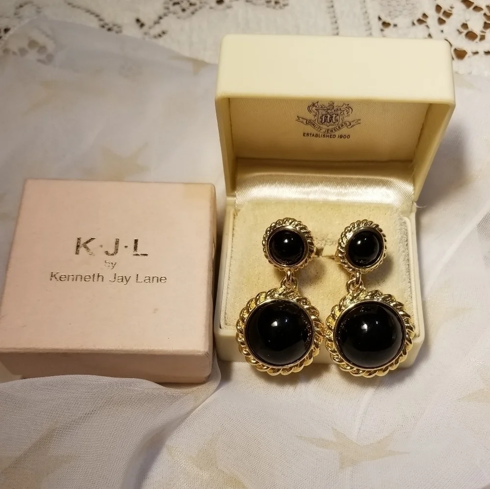 Vtg KJL Kenneth Jay Lane Black Gold Earrings